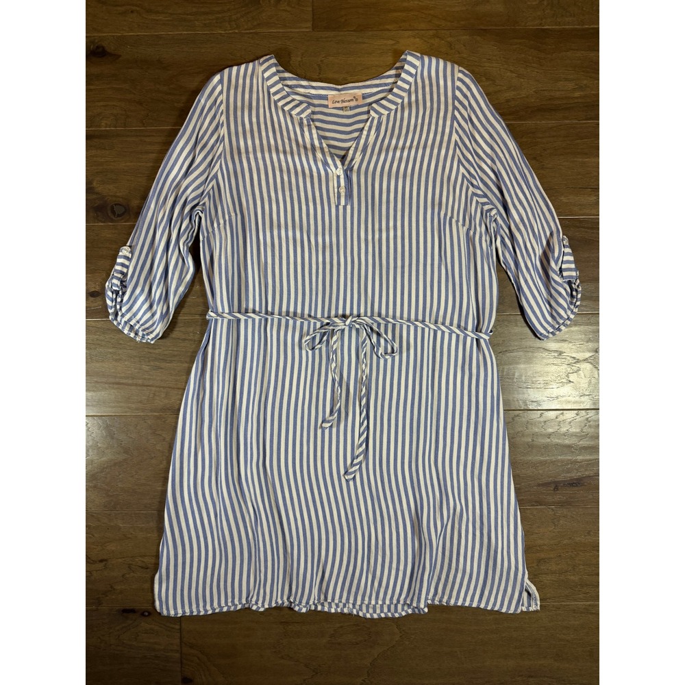Love Blossom Blue White Striped Roll Tab Sleeve Tunic Shirt Dress XL DD1926-2200